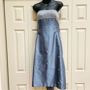Marchesa Notte Strapless Blue Silk Dress Back Ruffle Bow Train Size 8